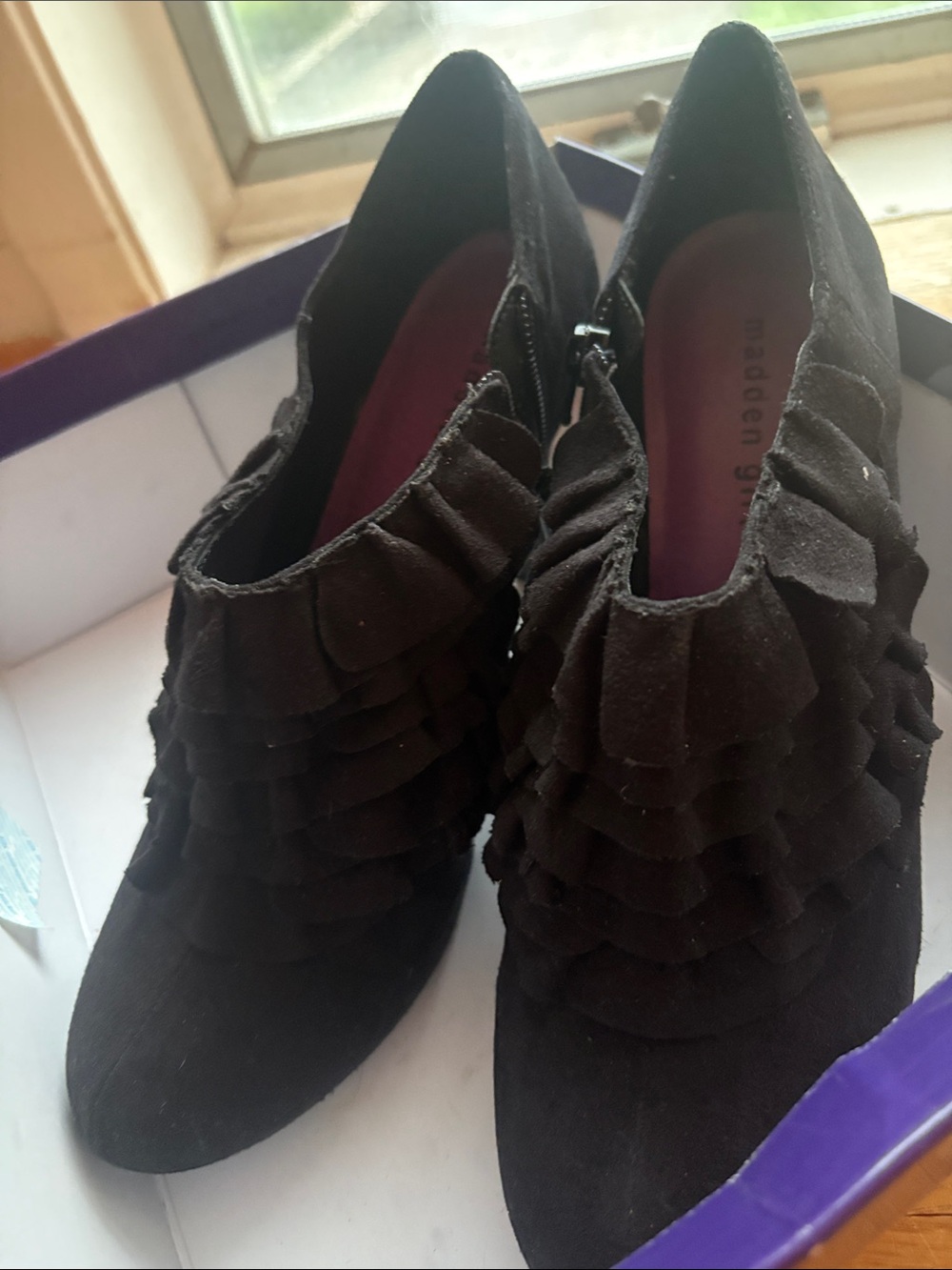 Madden Girl Black Suede Ruffle Heeled Booties